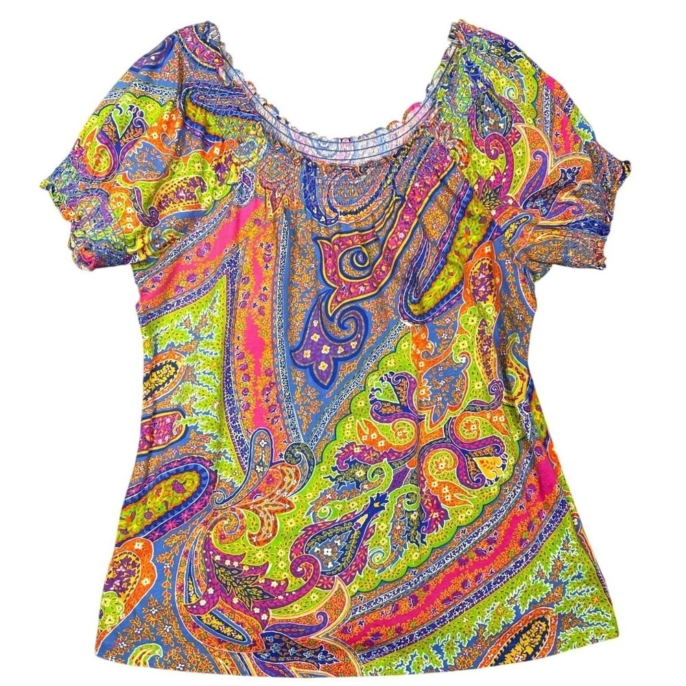 Lauren Ralph Lauren Womens Paisley Smocked Top Size L Multi Color Blouse Preppy - Picture 2 of 8